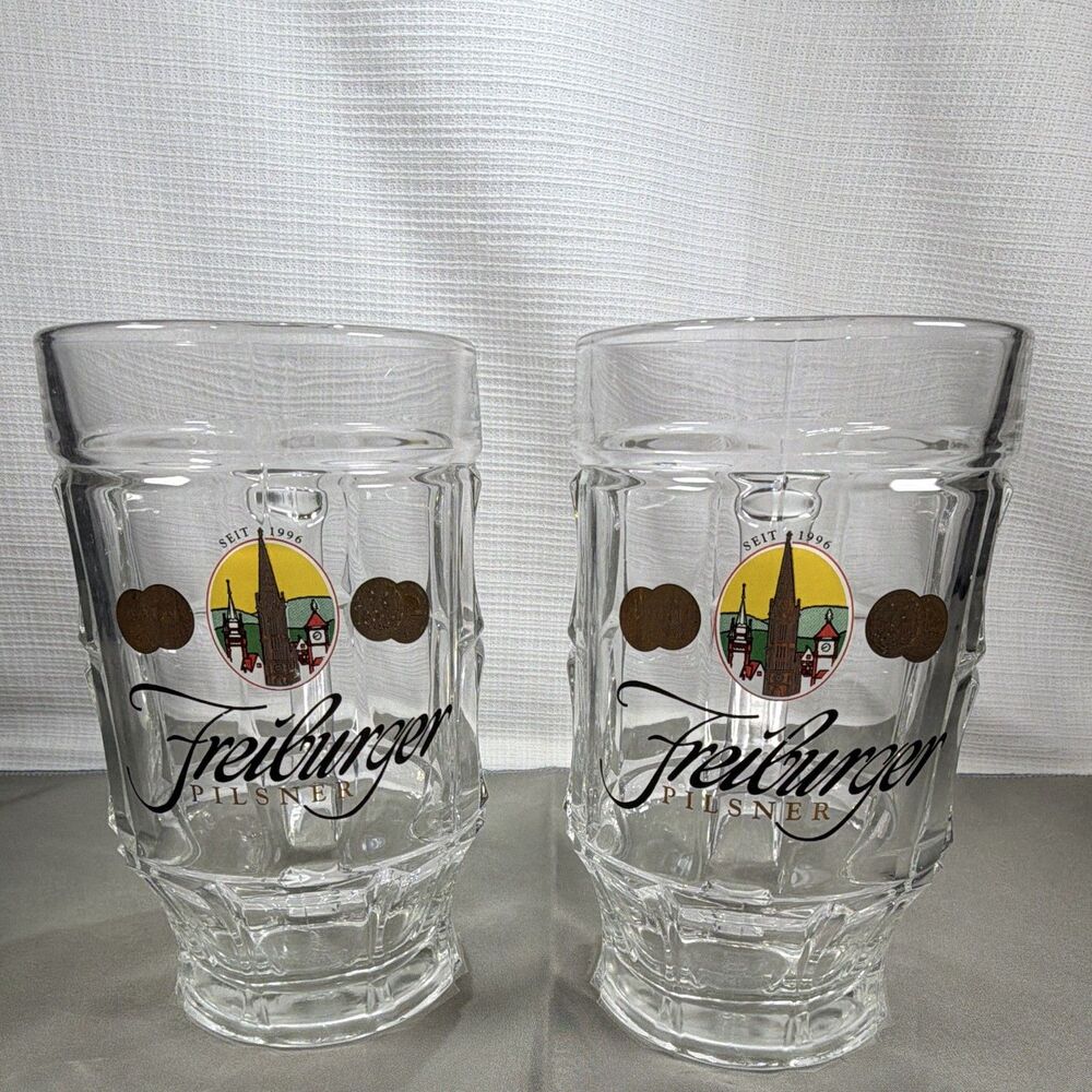 Vintage Freiburger Pilsner German 0.5L Glass Beer Mugs Steins Sahm Set of 2